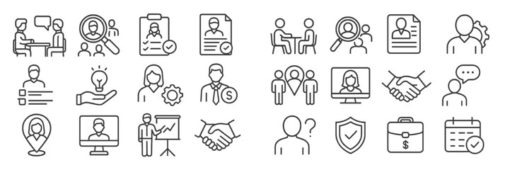 Icons representing human resources, teamwork, and career development activities in a modern office setting