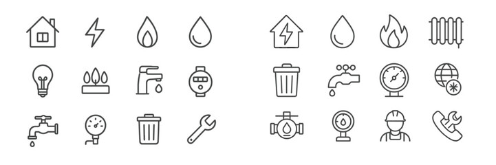 Utility icons depicting various energy and water resources in a minimalist style for effective communication