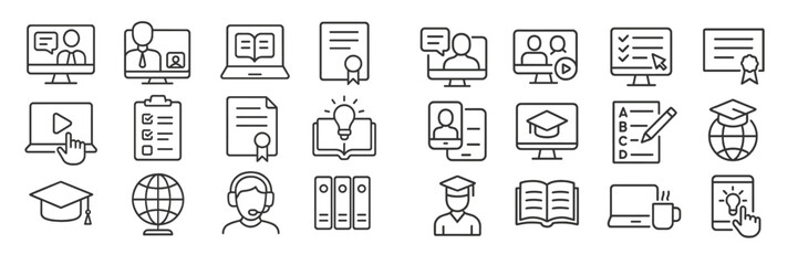 Collection of educational icons depicting various online learning activities and resources for virtual education