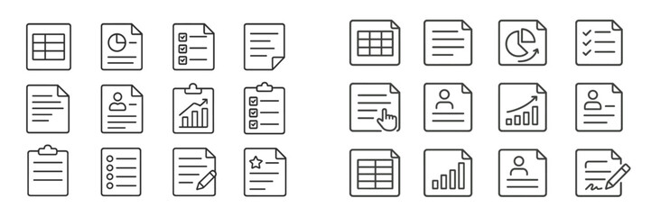 Collection of simple line icons representing various document types and tasks in a minimalist style
