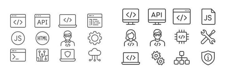Web development icons depicting various programming concepts and tools utilized in coding and software creation