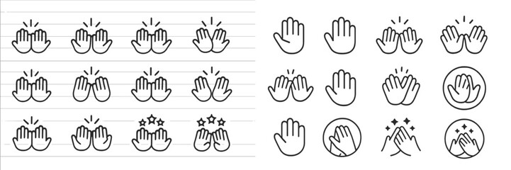 Obraz premium Collection of hand clap icons and illustrations designed for various reactions and emotions, set against a simple background