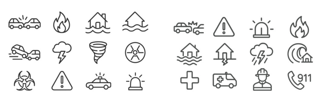 Emergency response icons showcasing various natural disaster scenarios and emergency contact information