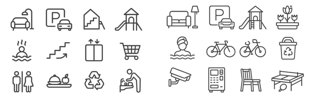 Various simple line icons depicting common activities, objects, and facilities found in urban settings and recreational areas