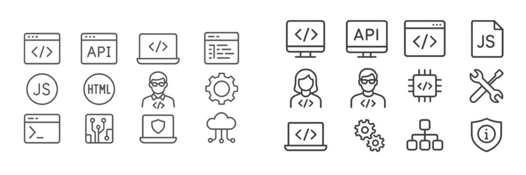 Web development icons depicting various programming concepts and tools utilized in coding and software creation