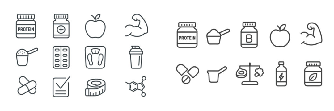 Collection of icons representing nutrition, supplements, and fitness activities for health-conscious individuals