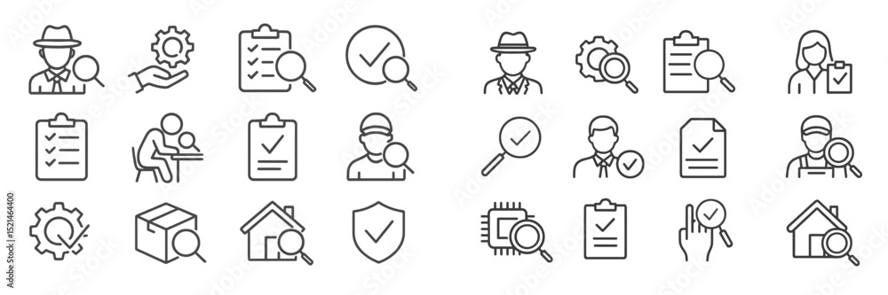 Poster Icon set featuring various professions and tasks related to quality control and inspection in minimalist style