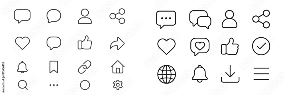 Aufkleber Collection of minimal line icons for communication, social media, and user interaction design in a modern digital context