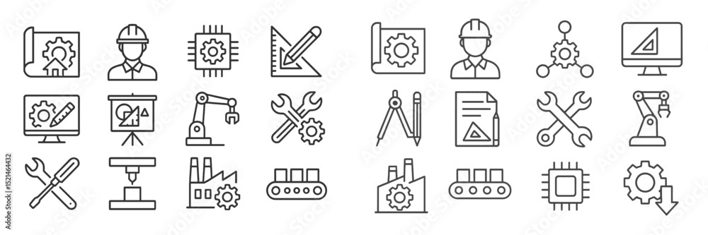 Aufkleber engineering icons showcasing various technical fields, tools, and machinery in a modern workspace se