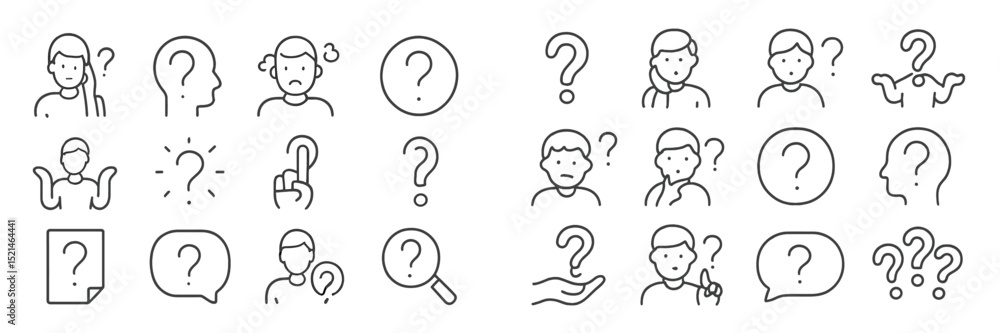 Poster people communicating their thoughts through illustrations and question marks in a simple design styl
