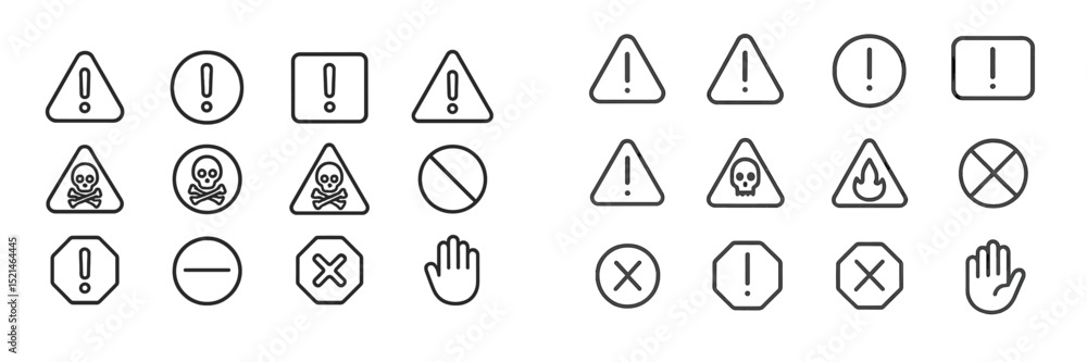 Poster Various warning symbols used for safety and caution in workplace or public environments displayed clearly on a white background