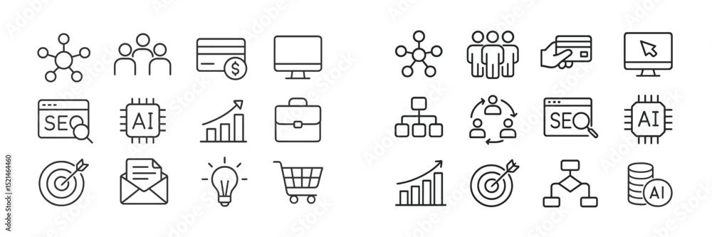 Poster collection of business and technology icons illustrating various concepts related to data, finance, 