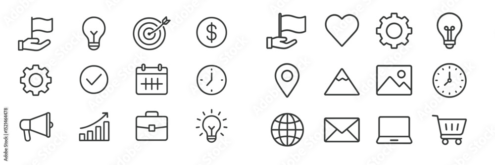 Poster various icons representing business, technology, and communication shown in a minimalist style suita