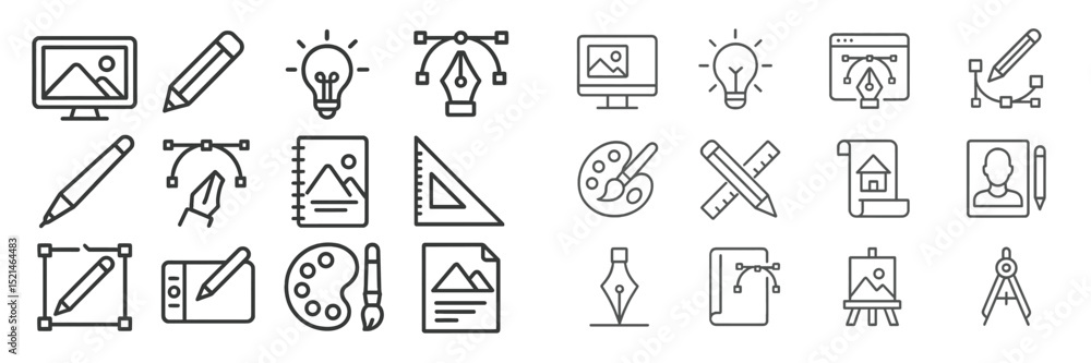 Poster Artwork creation tools and design icons displayed in a minimalist layout showcasing various creative activities