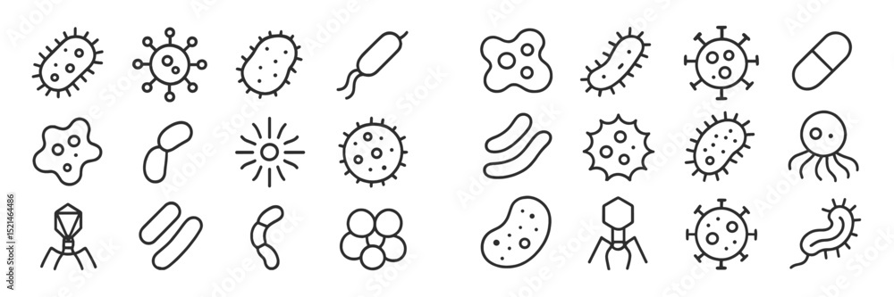 Poster various drawings of bacterial shapes and forms illustrating the diversity of microorganisms and thei