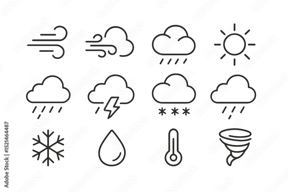 Poster Weather elements represented through simple icons showcasing different atmospheric conditions in a minimalistic style