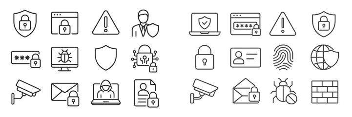 Fototapeta premium Collection of cybersecurity icons representing various online safety measures and protective technologies for digital users