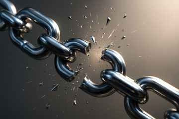 This metallic chain's fractured link symbolizes disruption and fragility in systems highlighting potential weaknesses in interconnected processes and business stability