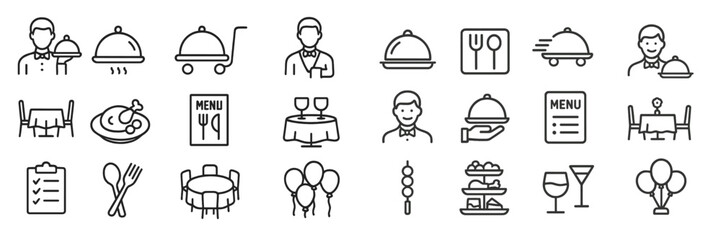 Elegant dining illustrations featuring menus, chefs, and table settings for special occasions and events