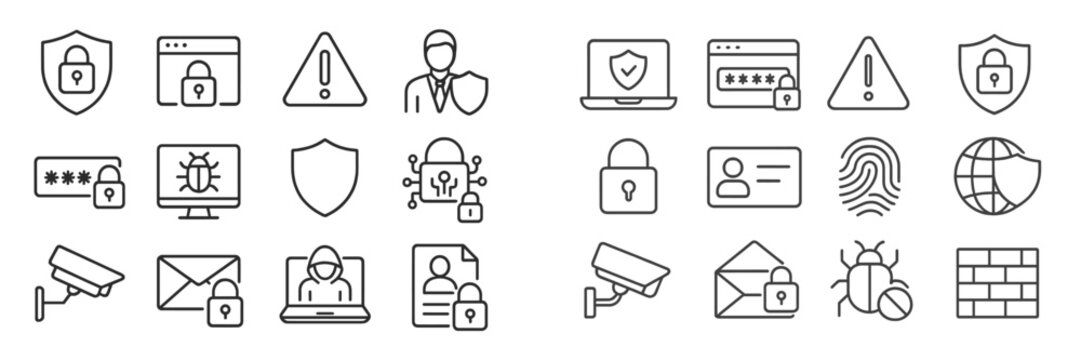 Collection of cybersecurity icons representing various online safety measures and protective technologies for digital users