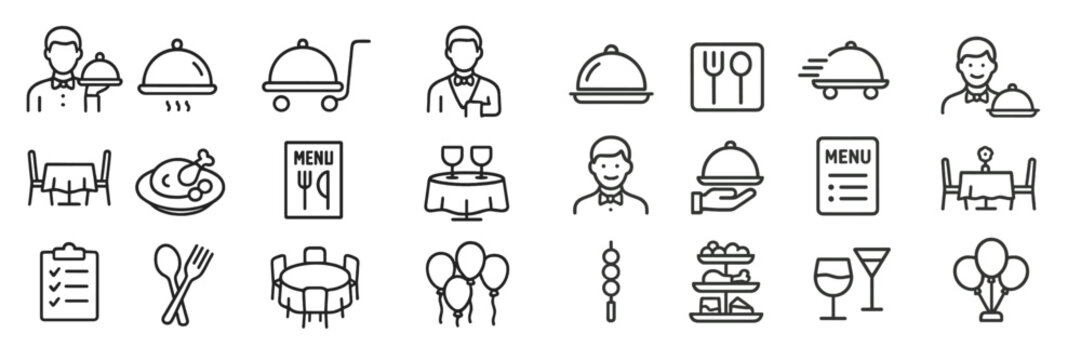 Elegant dining illustrations featuring menus, chefs, and table settings for special occasions and events