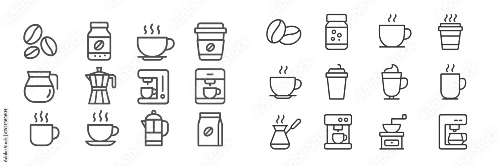 Poster collection of coffee-related icons showcasing various brewing methods and serving styles at a cafe s