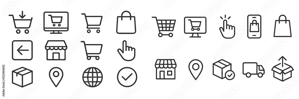 Poster shopping icons representing various online and in-store purchasing activities for consumers in a mod