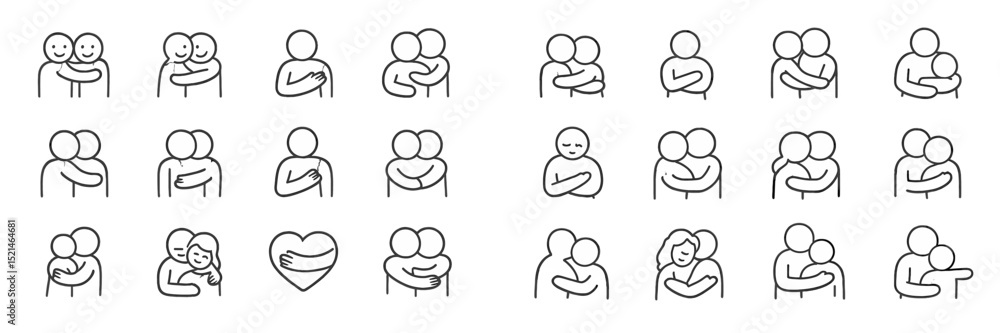 Poster Various representations of affection through simple line drawings showcasing different hugs and embraces