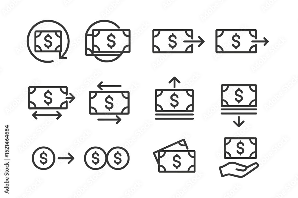 Poster Different methods of currency exchange and transfer illustrated with simple icons on a clean background