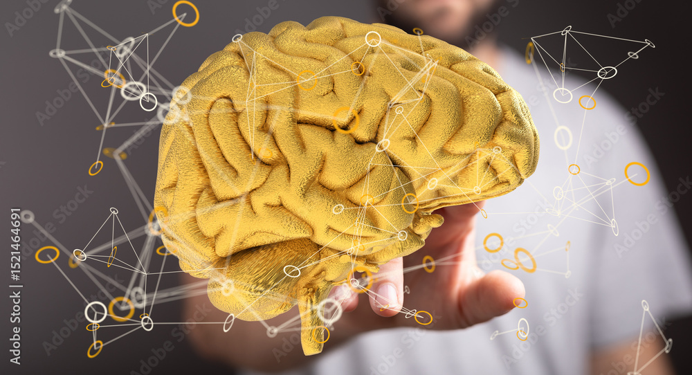 Poster Abstract image of a gold brain with neural connections. Perfect for AI, intelligence, or technology concepts.