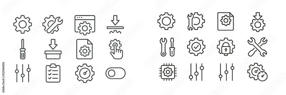 Fototapete Collection of various tool and gear icons representing technology and mechanics for digital projects in a streamlined layout