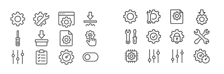Collection of various tool and gear icons representing technology and mechanics for digital projects in a streamlined layout