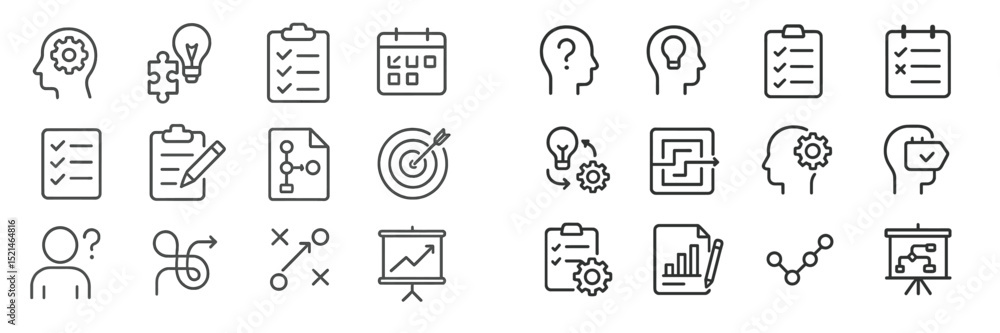 Poster Icons representing various concepts of brainstorming, planning, and analysis in a creative workspace
