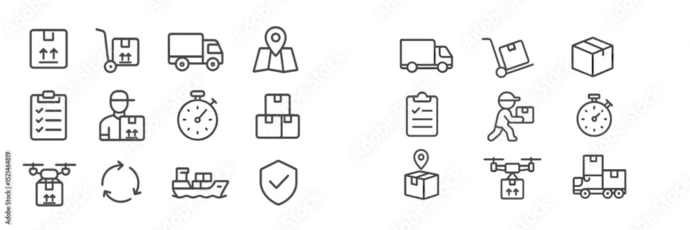 Poster Logistics and delivery icons illustrating various transportation and package handling methods in a simple graphic style