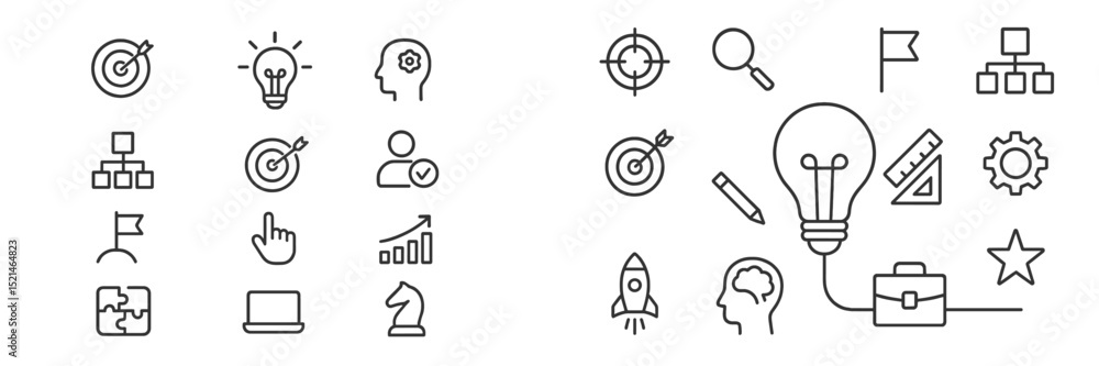 Poster visual representation of business strategy concepts featuring icons of ideas, planning, and innovati