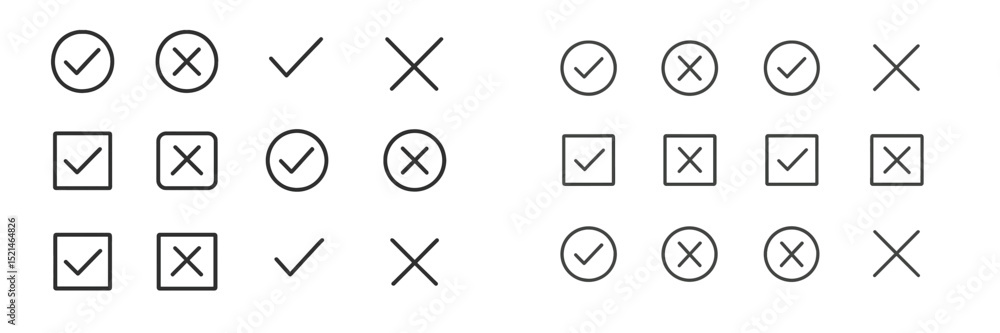 Leinwandbilder Shapes and symbols in black and white displaying check marks and crosses arranged in a grid pattern showcasing design elements
