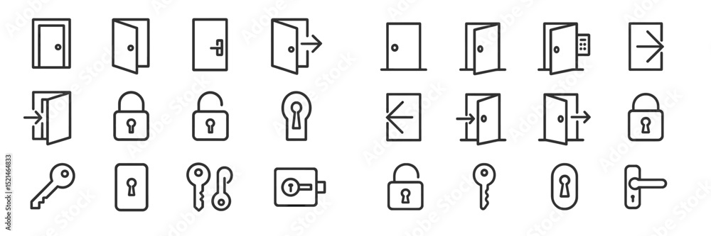 Poster various door icons showcasing different styles, locks, and keys in a minimalist design for digital a