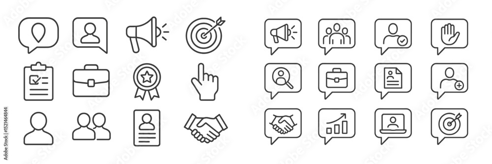 Poster set of flat line icons representing business communication, networking, and marketing concepts displ