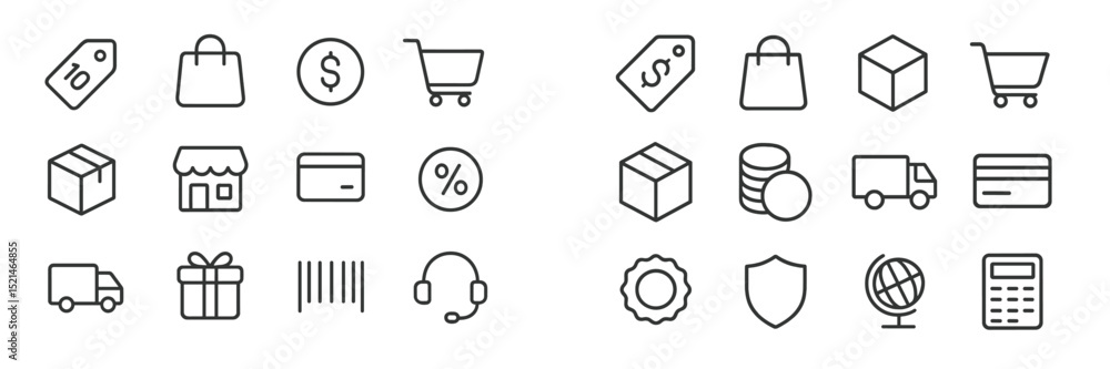 Poster collection of various shopping and delivery icons representing retail and online commerce in a minim
