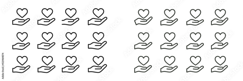 Poster Multiple hand drawn hearts held in open hands with a simple line style showcasing the theme of love and care