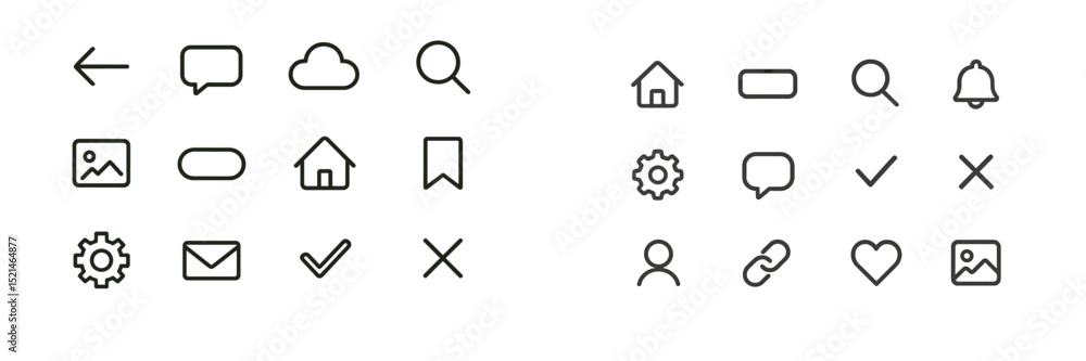 Poster collection of minimalist icons representing common user interface actions in black line style