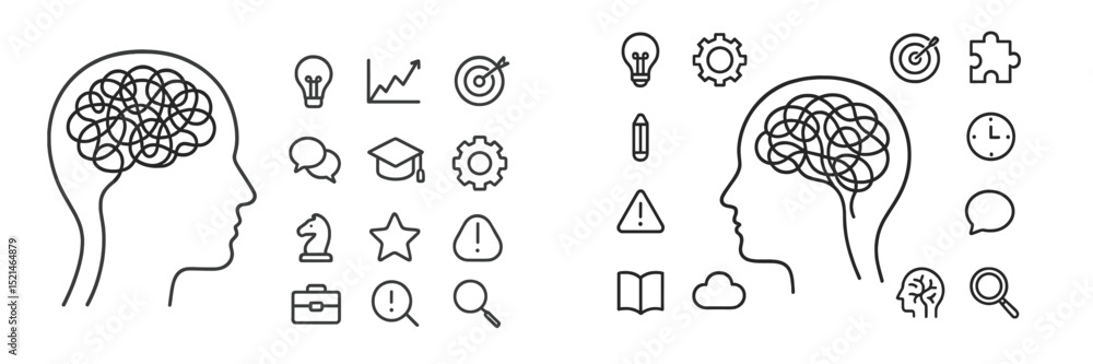 Poster Mental processes and creative thinking icons representing ideas, strategies, and problem-solving techniques in a conceptual design