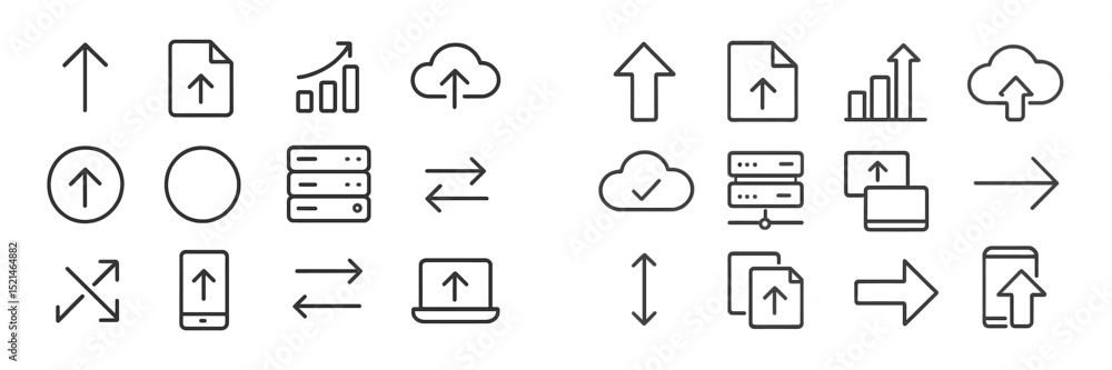 Aufkleber symbols representing data transfer, online storage, and digital communication processes in a modern 