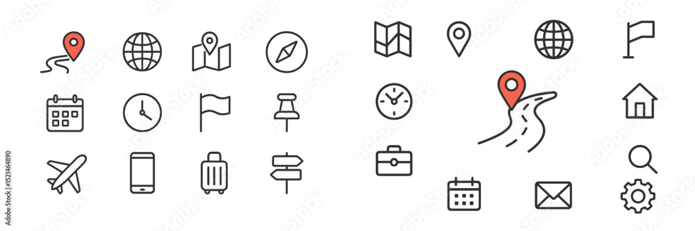 Poster collection of travel and navigation icons illustrating various aspects of exploration and journey pl