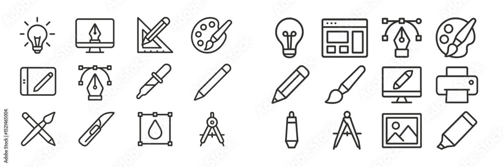 Poster collection of line art icons showcasing creativity tools and design elements for digital and traditi