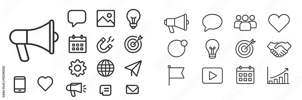 Poster Graphic representation of communication and marketing concepts with various icons in a clean and modern design