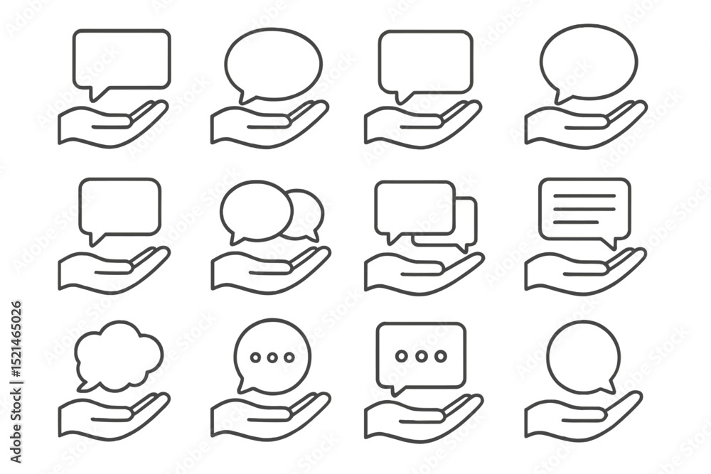 Aufkleber various speech bubble icons held by hands to represent communication concepts and conversation style