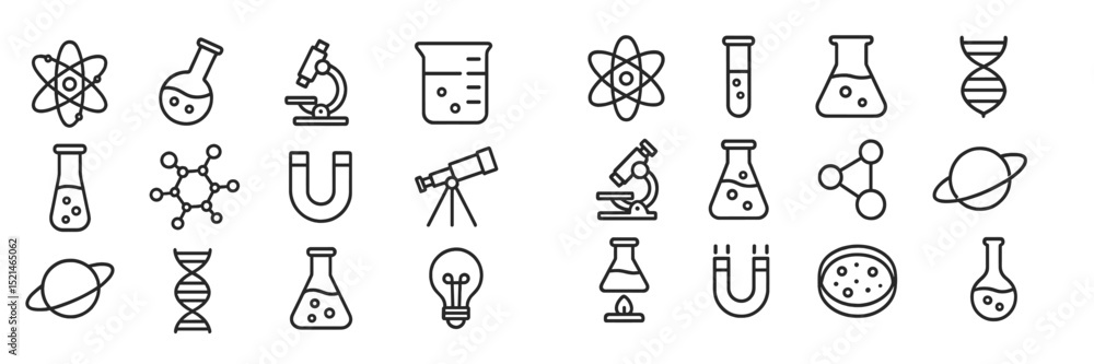 Poster Collection of scientific icons representing various fields and activities in science education and research