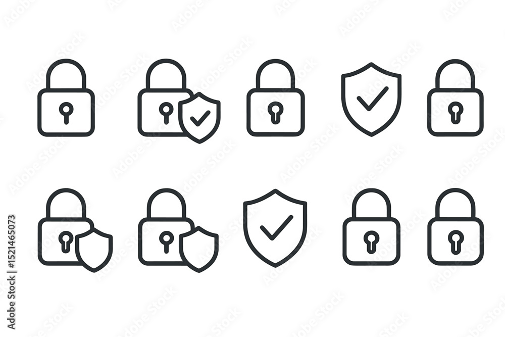 Leinwandbilder Collection of security icons featuring locks and shields in minimalist design suitable for various digital applications