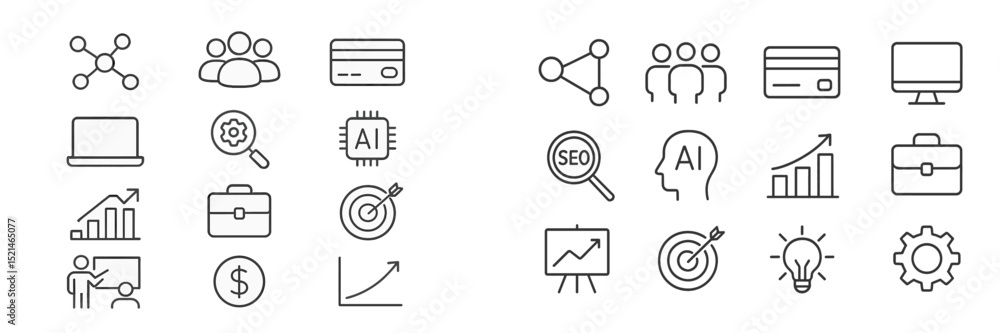 Poster digital icons representing business concepts, technology, and analytics in a modern design layout